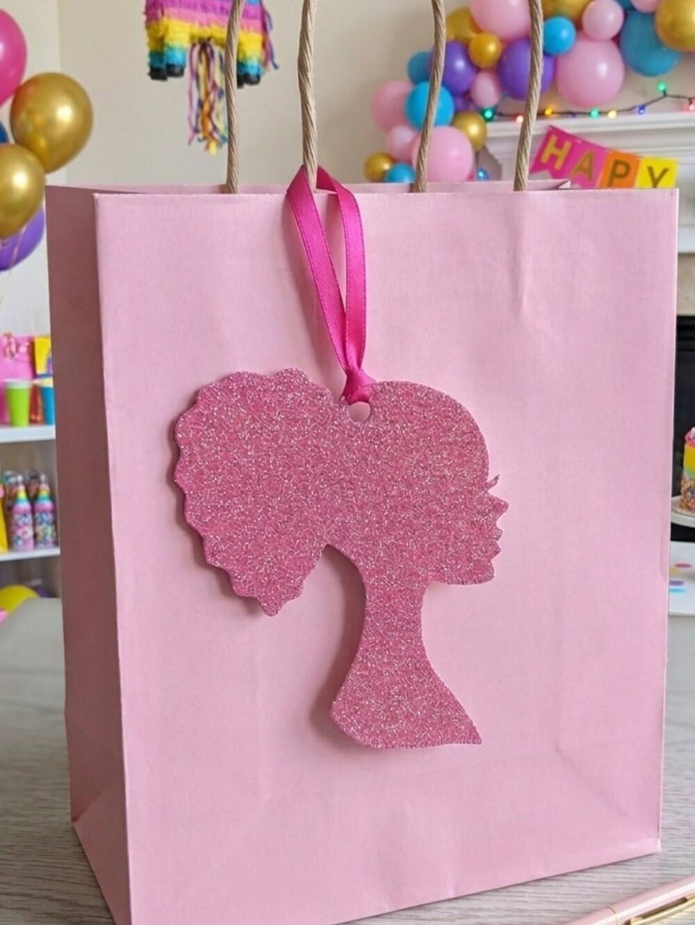Pink Glitter Doll Head w/ Curly Pony Tail Silhouette Gift Tag 5"x4"